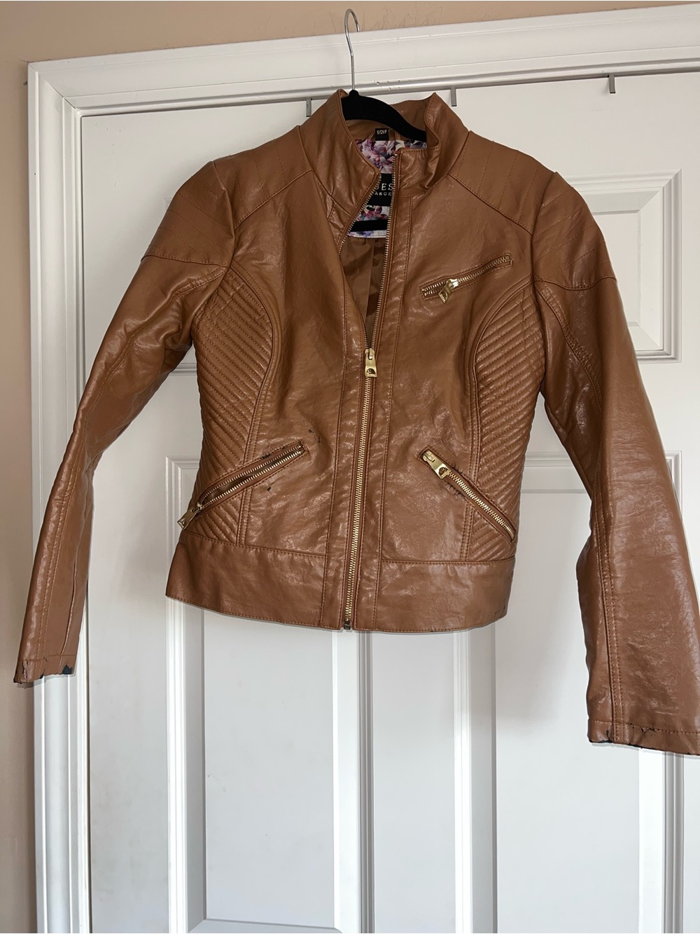 Guess Brown Faux Leather Moto Jacket with Gold Hardware
